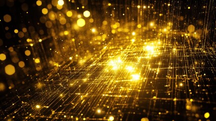 Poster - Glowing Gold Particles with Sparkling Light Effects in Dark Background for Abstract Design