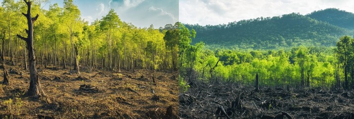 Poster - Contrast between deforested land and thriving forest highlights the importance of nature conservation efforts. Generative AI