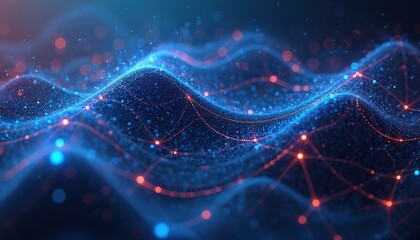 Poster - Abstract blue futuristic tech background. Connection structure with connecting dots, lines. Digital data mesh with glowing particles. Science cyberspace wallpaper for business medical presentations.