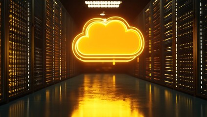 Poster - Glowing Orange Cloud Symbol in Modern Server Room