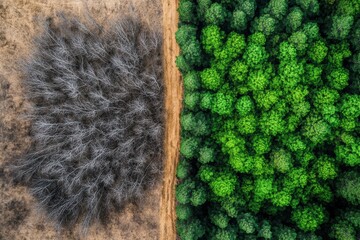 Poster - Contrasting deforested land with dead trees and vibrant green thriving forest highlighting nature conservation efforts. Generative AI