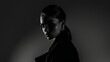 © IMG visuals AI - High-contrast shadowed portrait of cinematic woman monochrome image. Female in black outfit. Mysterious strong female black and white picture photorealistic. Fashion model concept photo