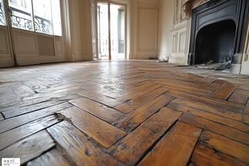 Wall Mural - Beautifully aged wooden herringbone floor in a spacious room with large windows and elegant architectural details