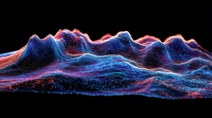 Poster - abstract digital landscape with vibrant waves and glowing particles against a black background