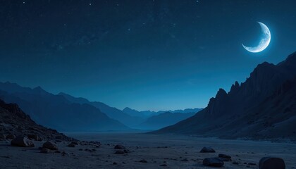panoramic night sky with half moon over mountains. stars shine in dark blue sky. calm rural scene ev