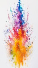 Poster - Colorful explosion of vibrant powders on white background, dynamic spectrum of orange, purple, pink and blue hues. Abstract art and creativity concept