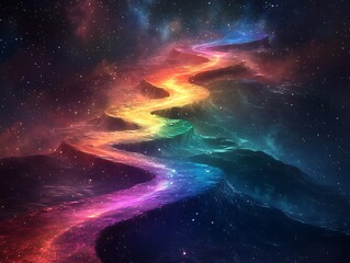 cosmic river flows through nebula mountains