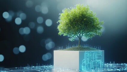 Poster - Luminous Green Tree in Futuristic White Cube on Dark Background