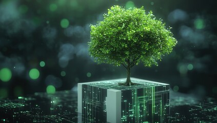 Poster - Luminous Green Tree Growing From Digital Cube