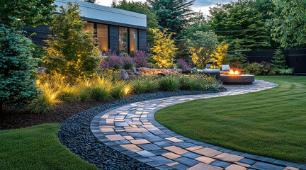 Poster - beautifully illuminated garden path with lush greenery, stone features, and cozy fire pit creates serene outdoor space