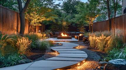 Poster - serene garden with stone pathway, fire pit, and lush greenery creates tranquil outdoor space