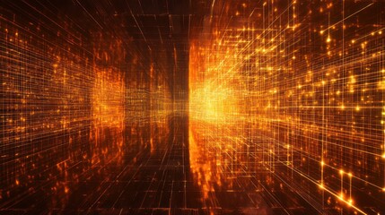 Poster - Abstract digital network, glowing orange lines, mirrored reflection, data flow visualization, tech background