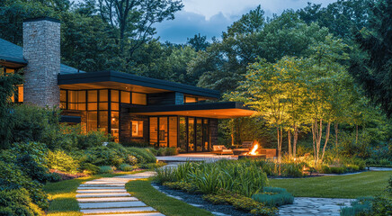 Poster - modern house with large windows, surrounded by lush greenery and cozy fire pit, creates serene outdoor atmosphere