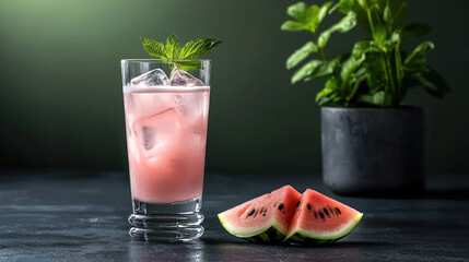 Poster - Refreshing watermelon drink with mint leaves and ice cubes