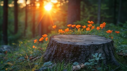 Poster - Sunlit forest scene with orange flowers around tree stump during sunset. Nature’s beauty and tranquility concept