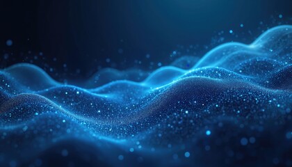 Poster - Abstract dark background with blue digital mesh and dots. Wavy data transfer futuristic tech concept. Great for science, digital communication, presentations, backdrops or wallpapers.