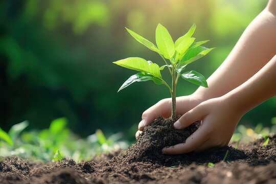 a soft-focus background with eco-friendly text overlay on hands planting a tree, ideal for earth day