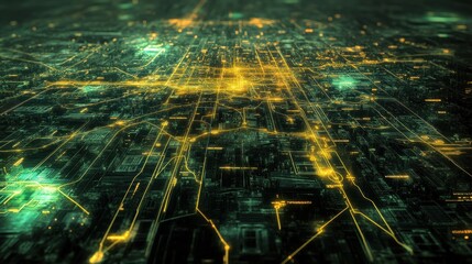 Poster - Futuristic Digital Cityscape Visualization with Neon Lights and Illuminated Network Connections