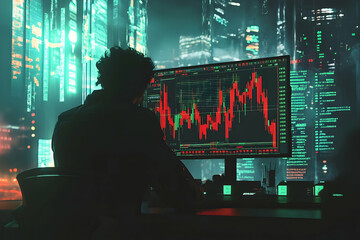 Poster - A trader analyzing stock market data in a futuristic cityscape at night