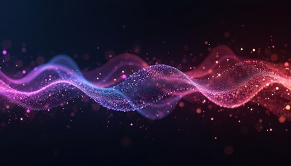 Poster - Colorful abstract wave data flow on dark backdrop. Digital presentation background. Network connection, particle motion, dynamic energy, light, trendy design, futuristic innovation, communication,