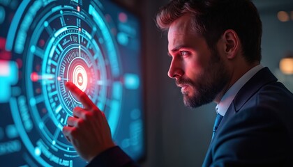 Poster - Businessman interacts with digital interface. Man in suit uses touchscreen display with charts, data. Digitalization, big data, fintech, data analysis, stock market, business analytics, strategy