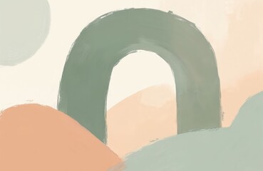 Poster - Abstract shapes illustration. Arcs, circles, rounding, minimalist graphic art composition in pastel colors. Neutral beige backdrop with muted green, peach hues. Aesthetic art for wall decor prints.