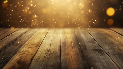 Poster - Wooden floor with glowing golden bokeh lights and warm atmospheric background. Festive and celebratory mood concept
