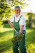 © lightpoet - Senior gardener gardening in his permaculture garden - raking the lawn after mowing it