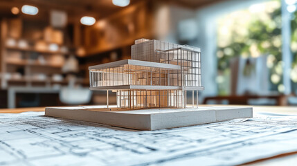 Poster - detailed architectural model showcasing modern design elements, emphasizing transparency and structure