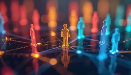 Poster - Colorful human figurines connected by glowing lines. Concept of networking, social connections, digital relationships, metaverse. Teamwork, partnership, communication, global community, client