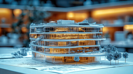 Poster - detailed architectural model showcasing modern building design with illuminated features and surrounding greenery