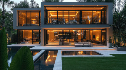 Poster - Luxurious modern house exterior with warm lighting, pool, and greenery