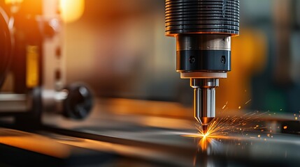 Poster - close-up of a laser cutting machine producing sparks during precision material processing in a moder
