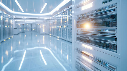 Poster - modern data center with rows of servers and bright lighting creates high tech atmosphere