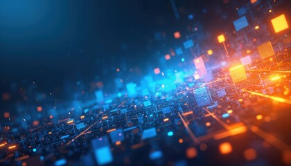 Poster - Abstract tech background with geometric squares in blue, orange. Vibrant digital design shows modern data visualization, futuristic web elements, circuit board pattern, matrix with dynamic light