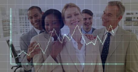 Poster - Image of diagram over diverse business people smiling in office