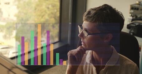 Poster - image of financial data processing over caucasian businesswoman using smartphone