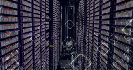 Poster - Image of network of connections with 6g texts over server room