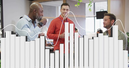 Poster - image of financial data processing over diverse colleagues having meeting in office