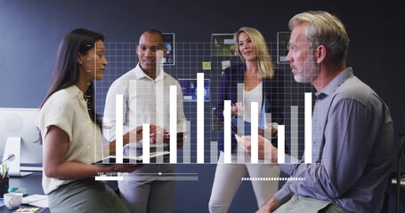 Poster - Image of financial data processing over diverse colleagues having meeting in office
