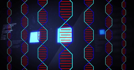 Poster - image of dna strands over data processing on black background