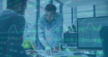 Poster - image of financial data processing over diverse business people in office
