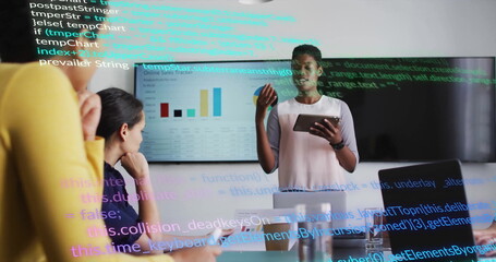 Poster - Image of data processing over diverse colleagues having meeting in office