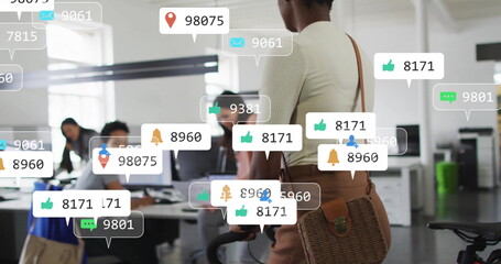 Poster - Image of social media icons with numbers over diverse colleagues working in office