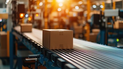 Poster - cardboard box on conveyor belt in modern warehouse with soft focus background and warm lighting in b