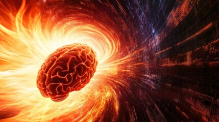 Fototapete - Brightly Glowing Brain Surrounded by Colorful Energy Waves and Abstract Digital Background