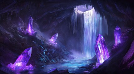 Poster - A secret cave filled with glowing crystals and an underground waterfall