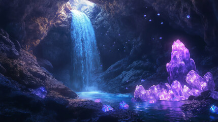 Poster - A secret cave filled with glowing crystals and an underground waterfall