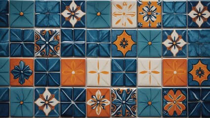 Poster - Colorful ceramic tile pattern with intricate designs in blue, orange, and white, perfect for backgrounds or decorative themes.