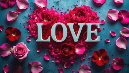 Poster - Vibrant romantic composition featuring the word LOVE surrounded by pink and red rose petals on a textured blue background